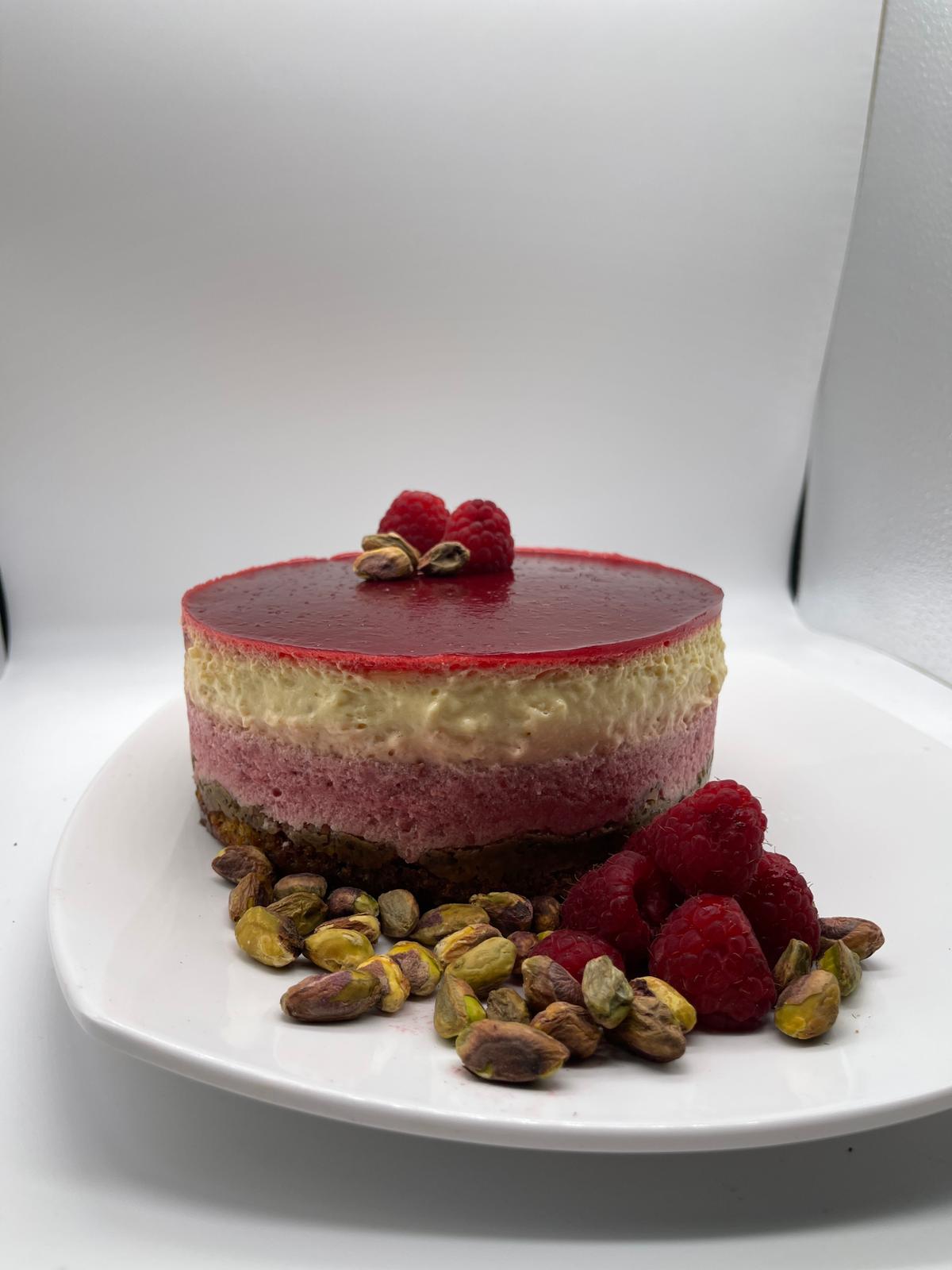 Raspberry, White Chocolate & Pistachio Mousse Cake – Azelia Pte Ltd